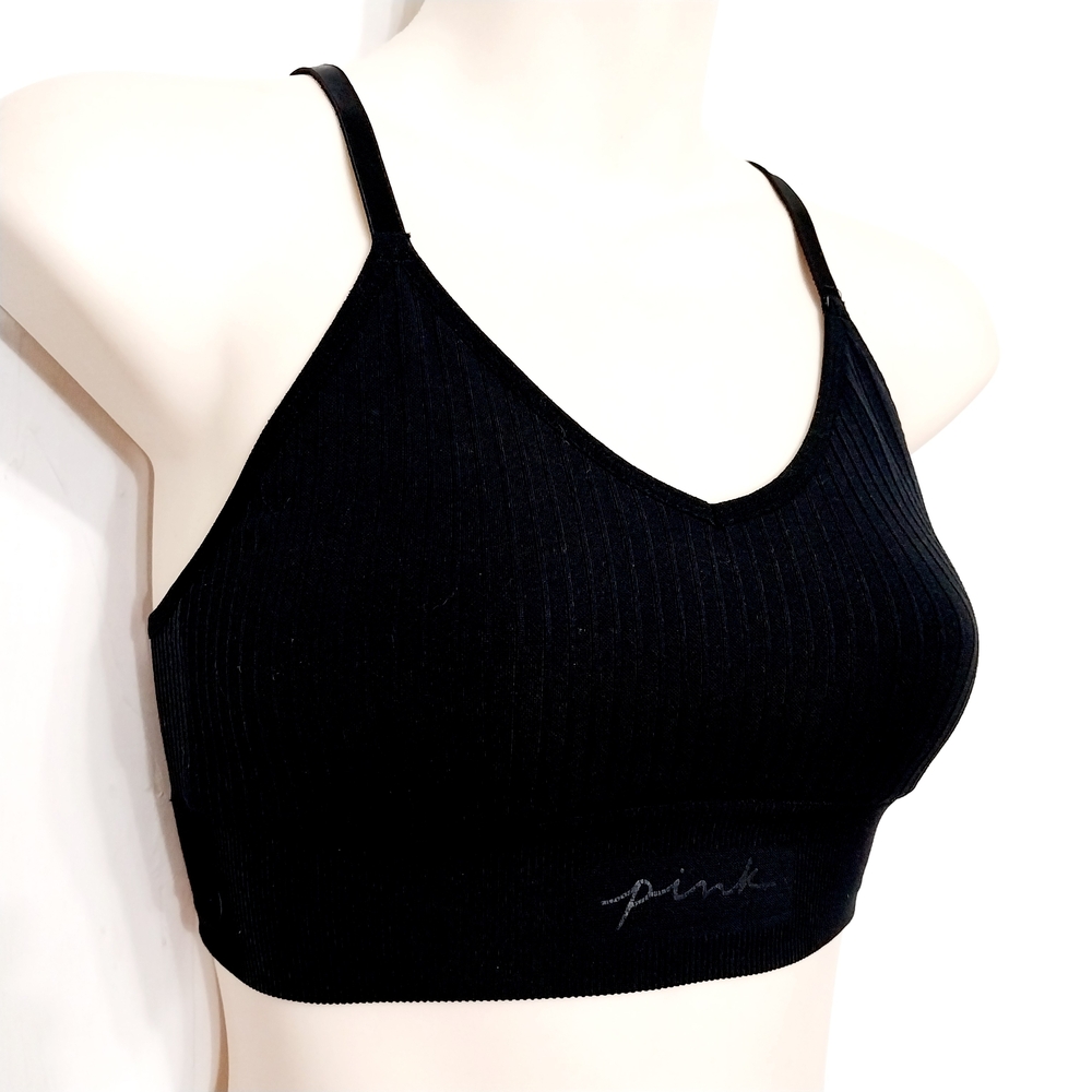 🔵BOGO FREE🔵 PINK Active Victoria's Secret Black Ribbed Bralette T-Back Sz XS - Picture 2 of 4